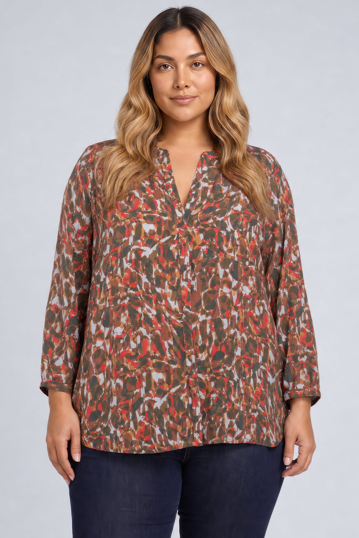 NYDJ Pintuck Blouse In Plus Size  - West End Abstract Mocha