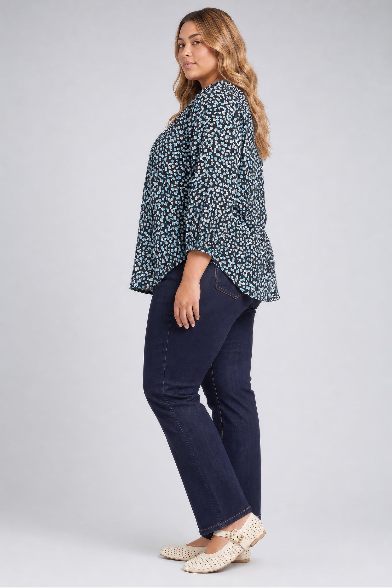 NYDJ Pintuck Blouse In Plus Size  - Random Dots Bluebell