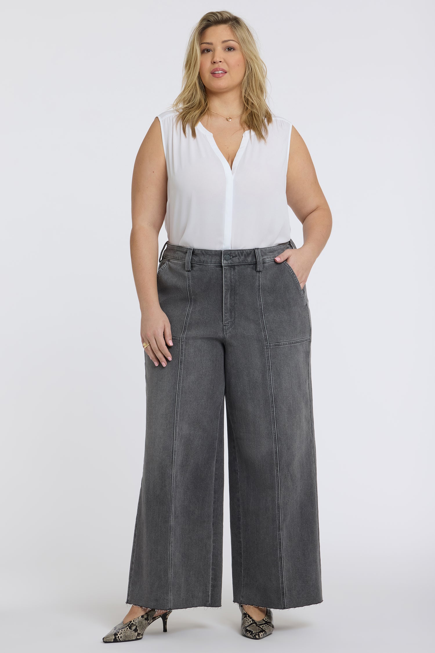 NYDJ Simone Wide Leg Jeans In Plus Size With High Rise, Utility Detail And Raw Hems - Dusty Ash