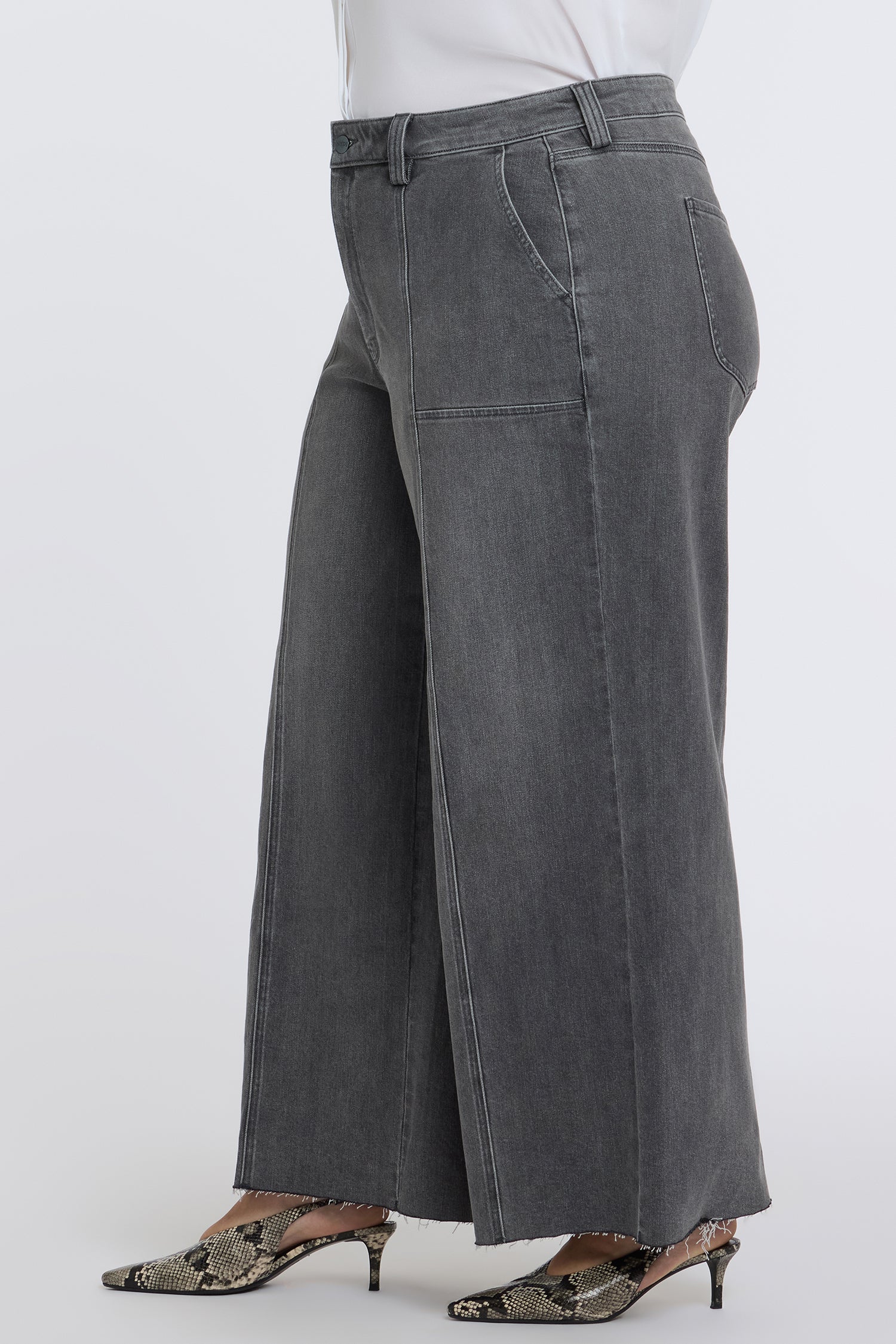 NYDJ Simone Wide Leg Jeans In Plus Size With High Rise, Utility Detail And Raw Hems - Dusty Ash