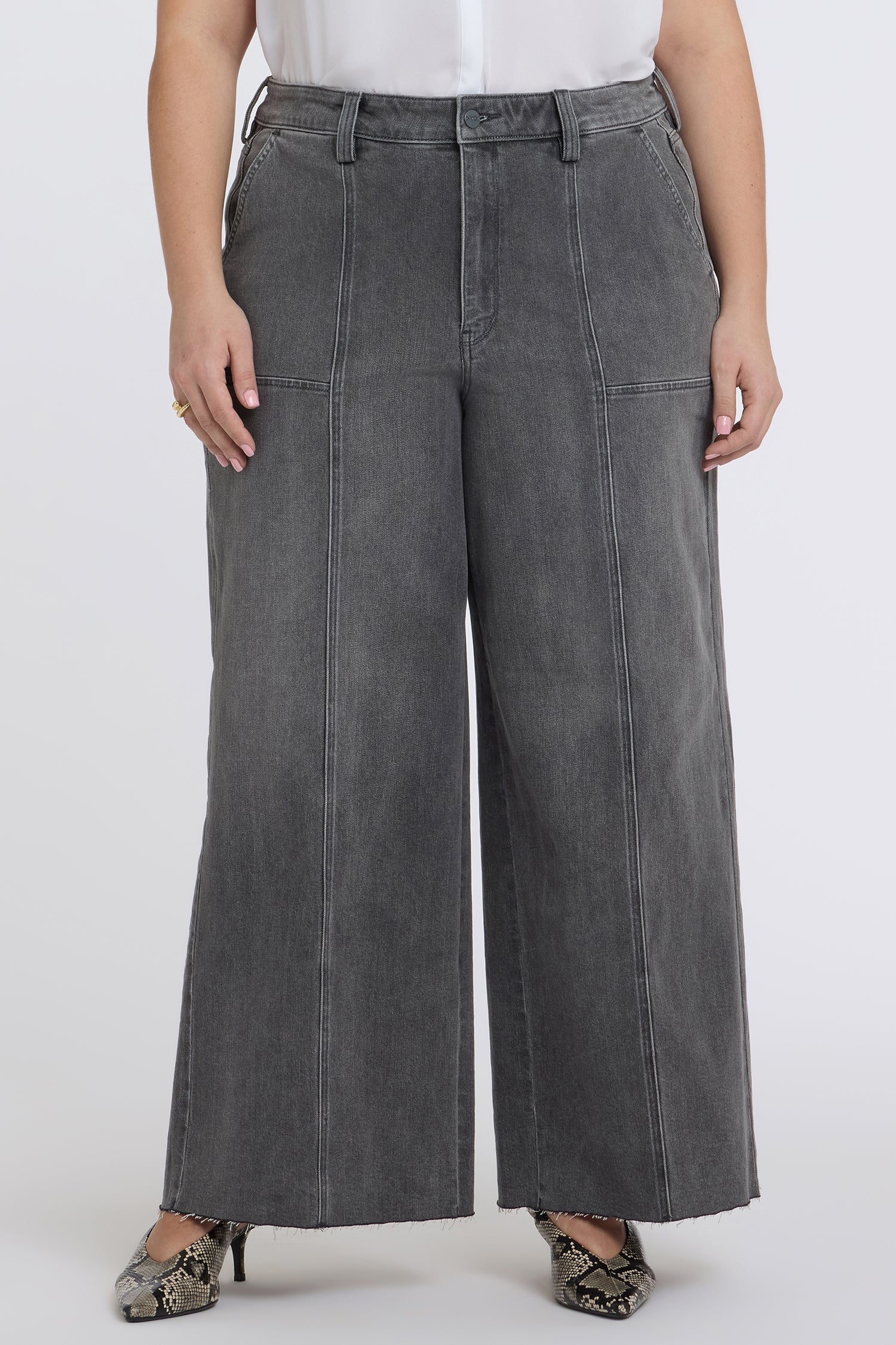 NYDJ Simone Wide Leg Jeans In Plus Size With High Rise, Utility Detail And Raw Hems - Dusty Ash