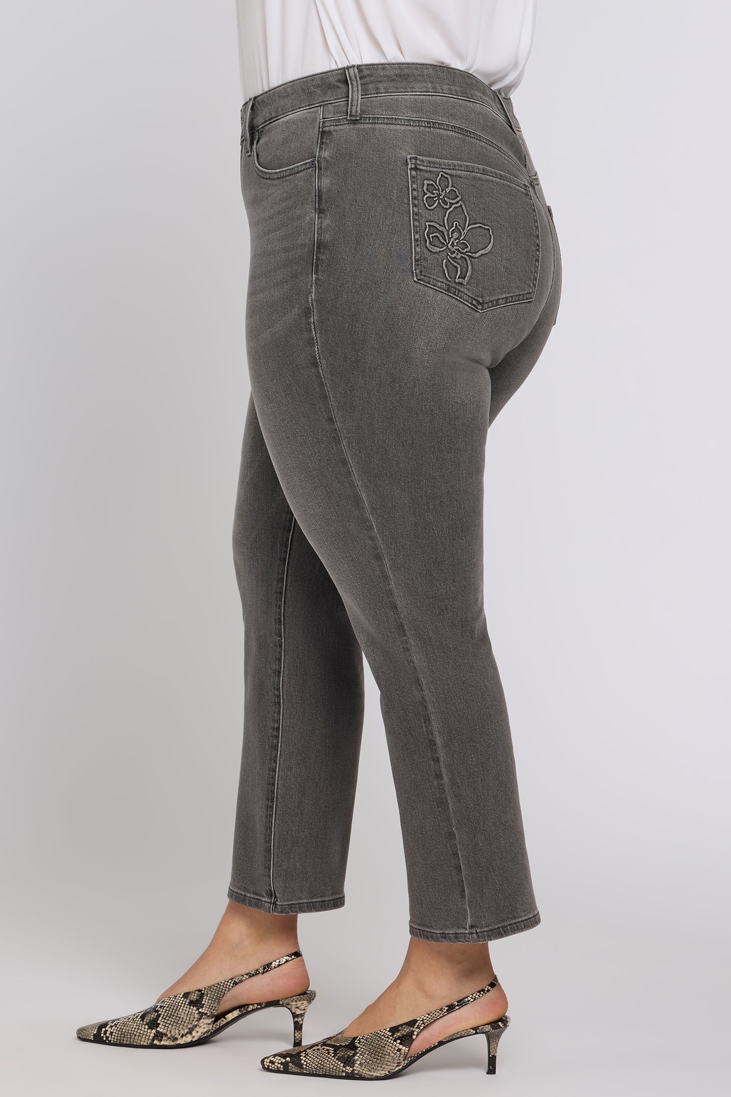 NYDJ Marilyn Straight Ankle Jeans In Plus Size With Floral Pocket Detail - Dusty Ash