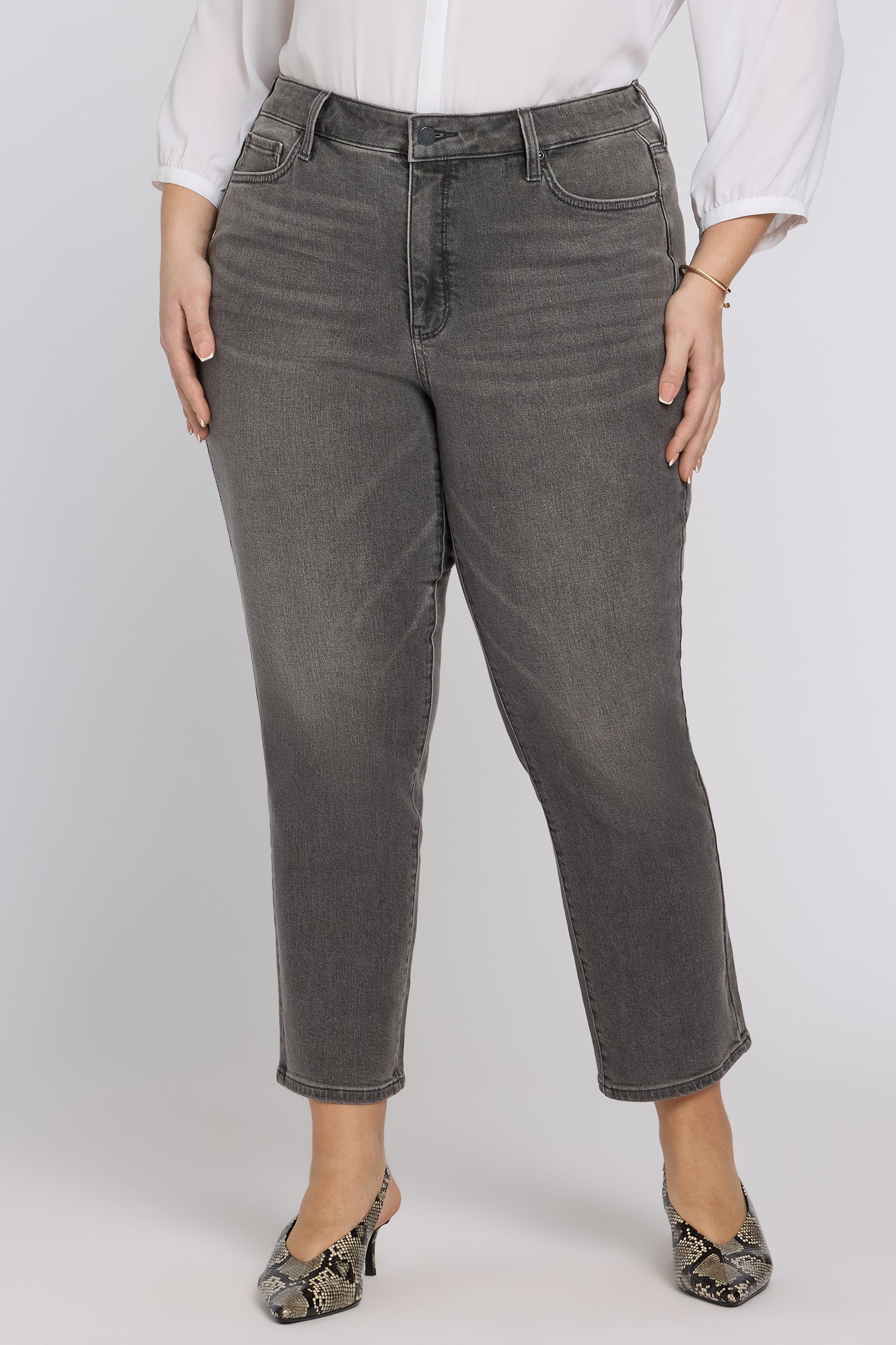 NYDJ Marilyn Straight Ankle Jeans In Plus Size With Floral Pocket Detail - Dusty Ash