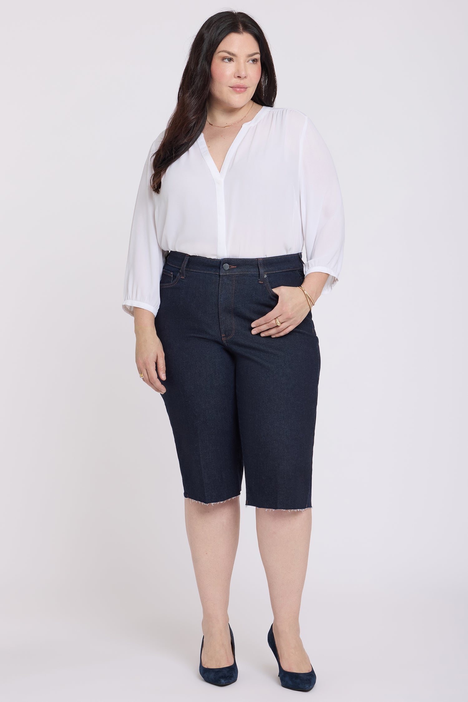 NYDJ Kristie '80s Bermuda Denim Shorts In Plus Size With Pressed Creases And Raw Hems - Magical