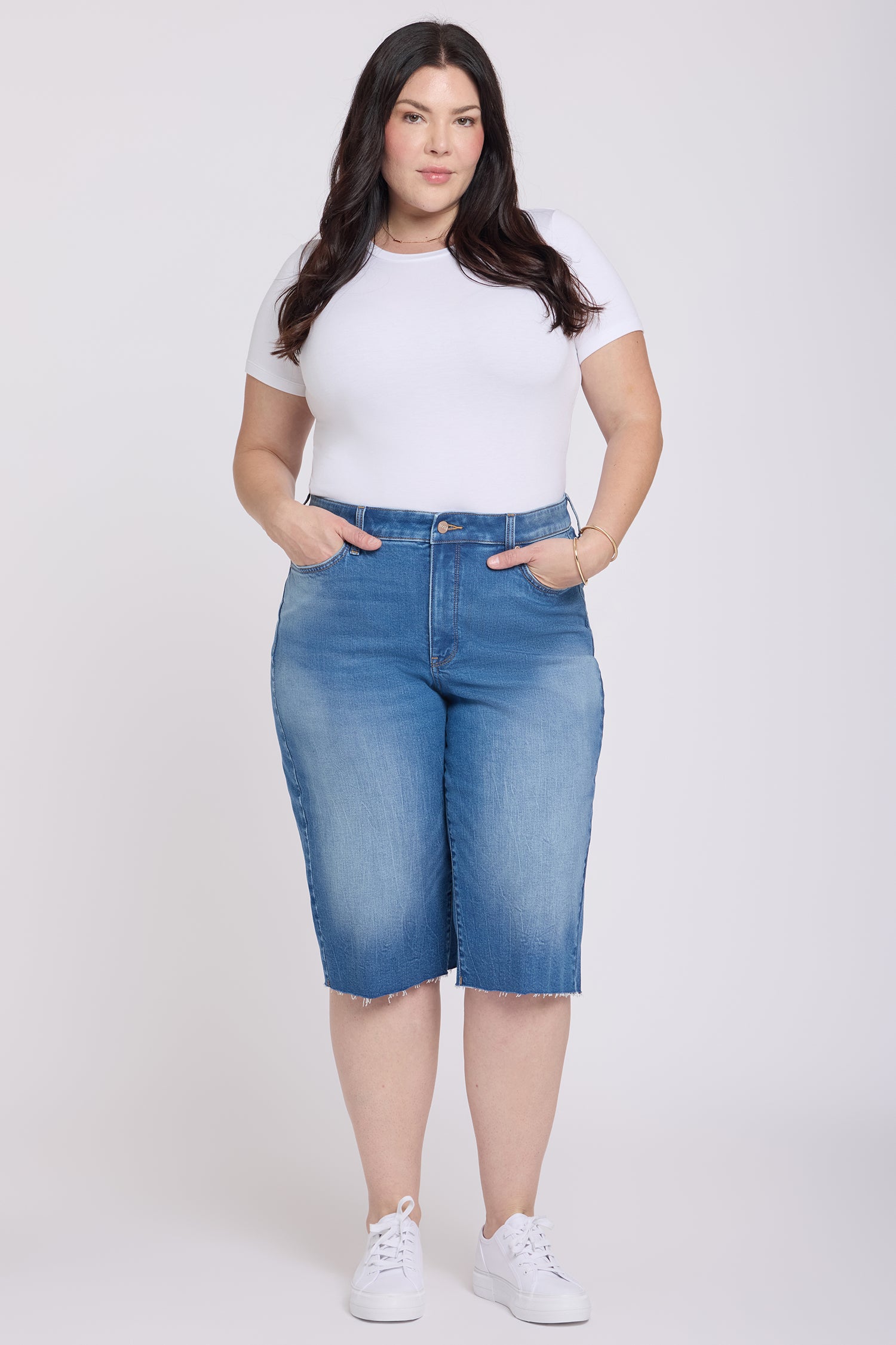 NYDJ Kristie '80s Bermuda Denim Shorts In Plus Size With Pressed Creases And Raw Hems - Pacifica