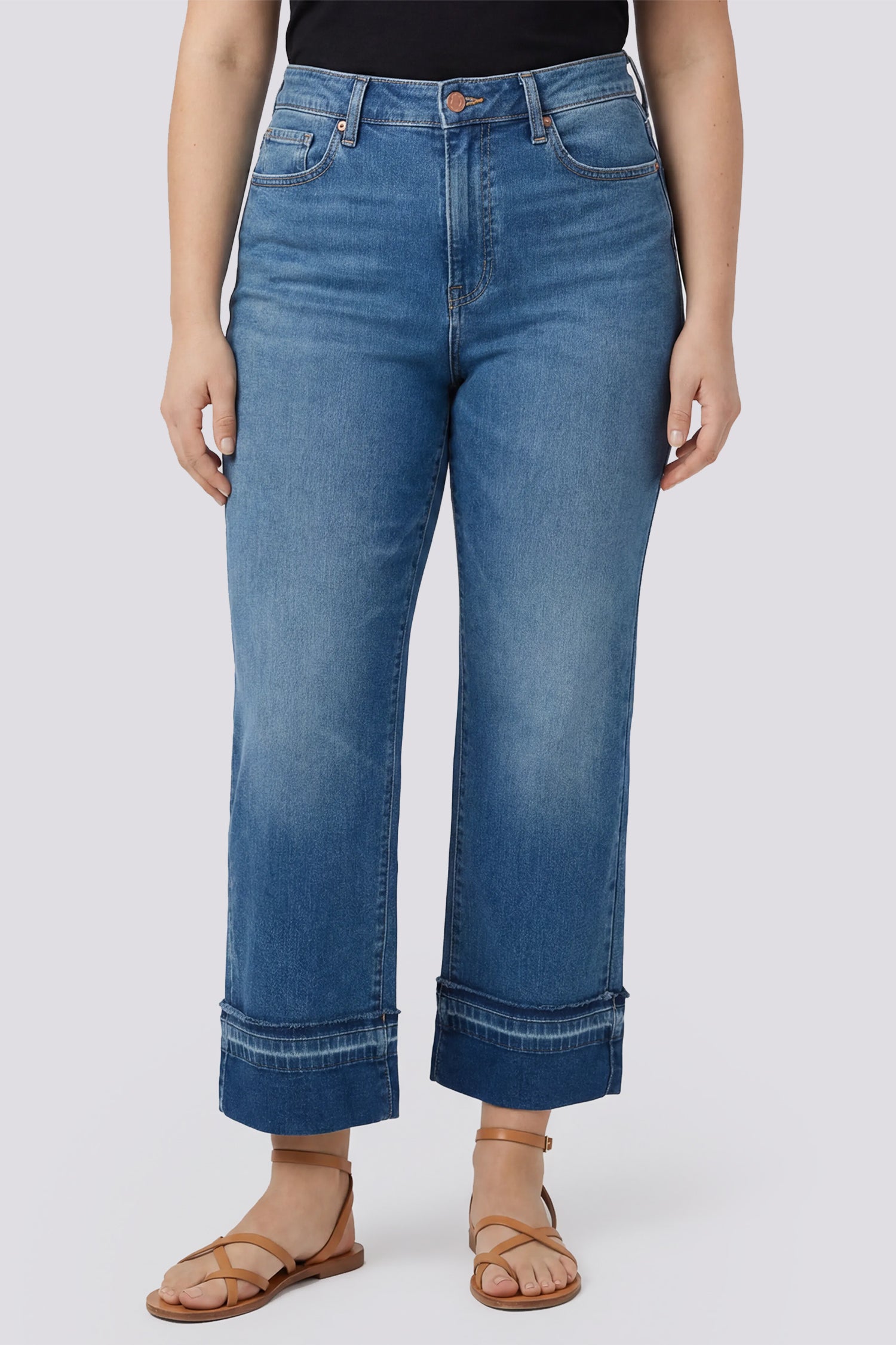 NYDJ Bailey Relaxed Straight Ankle Jeans In Plus Size With High Rise, Criss-Cross Belt Loop And Raw Hem Cuffs - Sun Soak