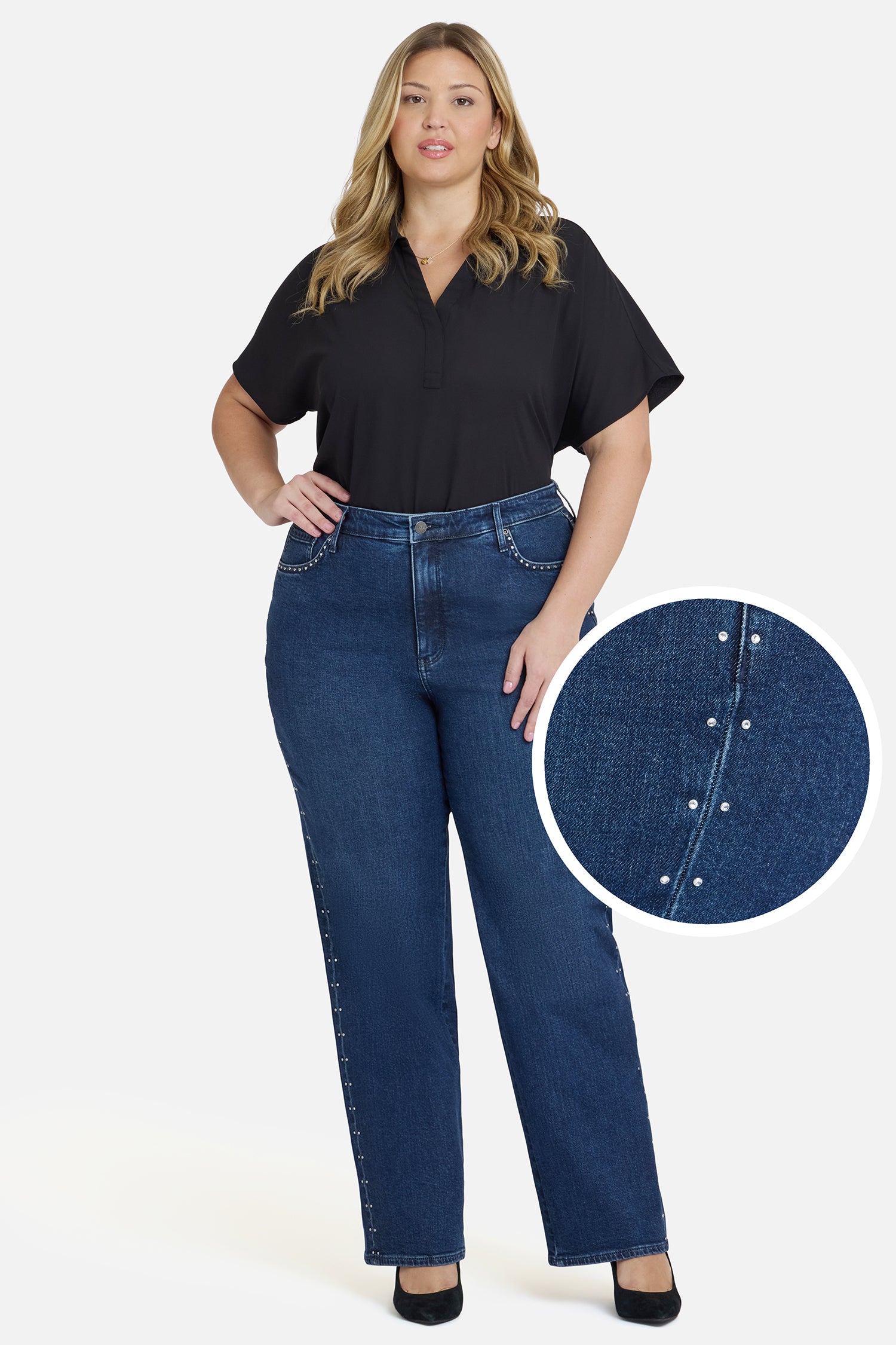 NYDJ Brooke Loose Straight Jeans In Plus Size With Rhinestones - Louvre Sapphire