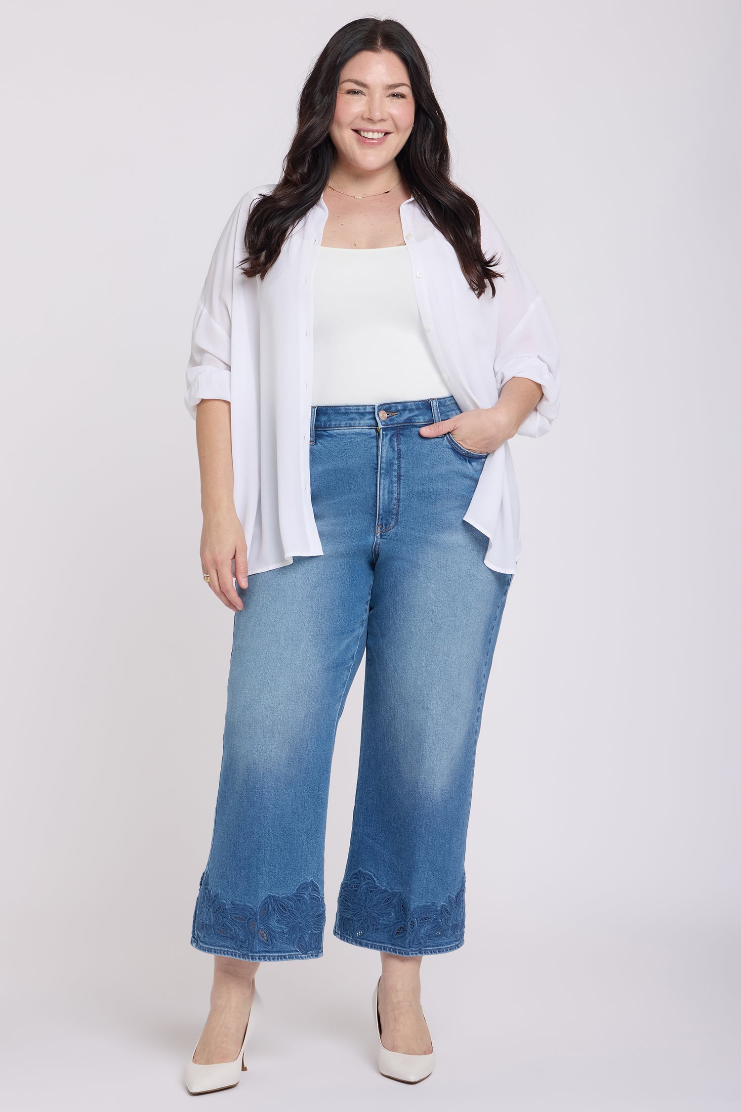 NYDJ Teresa Wide Leg Ankle Jeans In Plus Size With High Rise And Crochet Hems - Port Sea