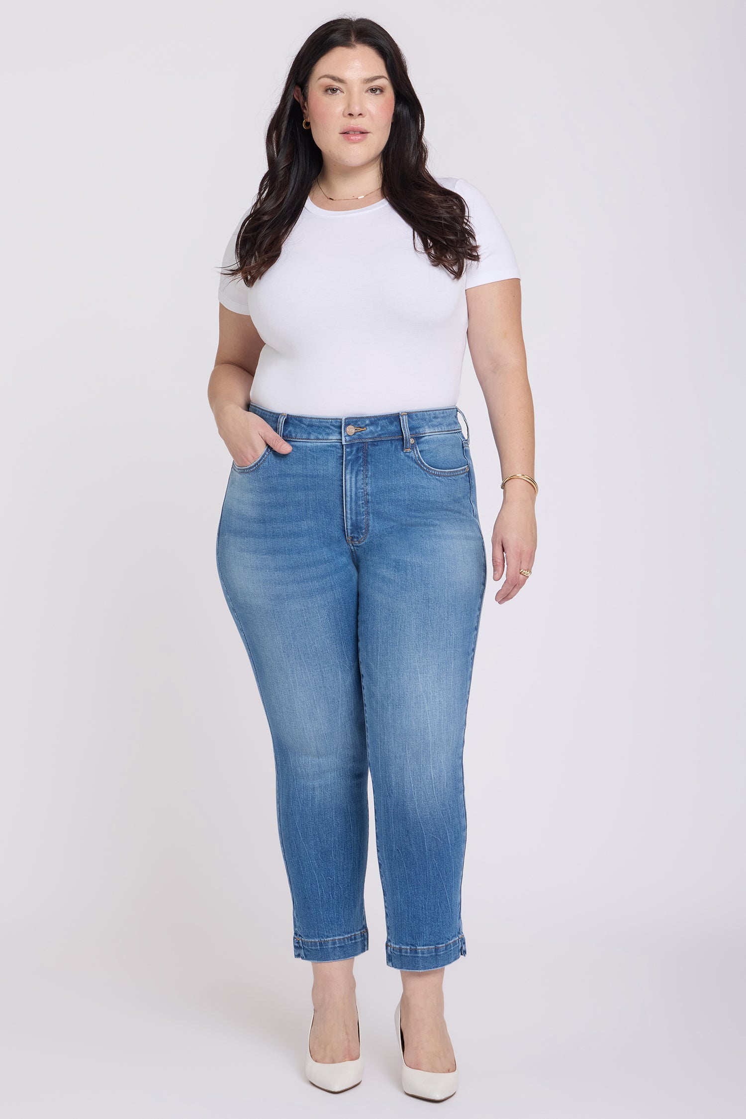 NYDJ Sheri Slim Straight Ankle Jeans In Plus Size With Criss-Cross Belt Loop And Side Slits - Pacifica