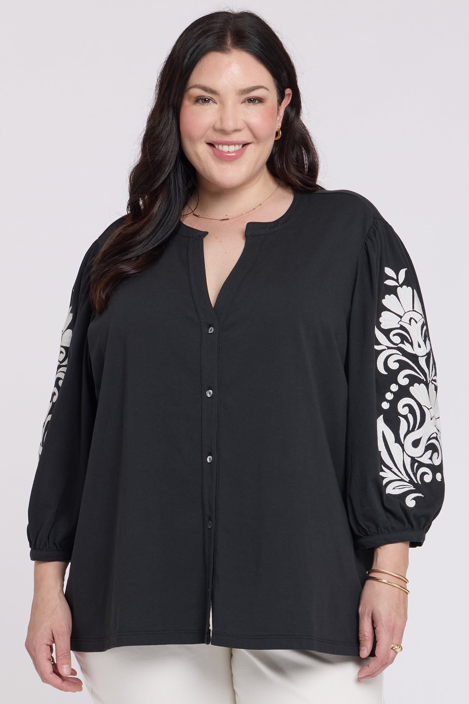 NYDJ Embroidered Knit Blouse In Plus Size  - Black Ivory