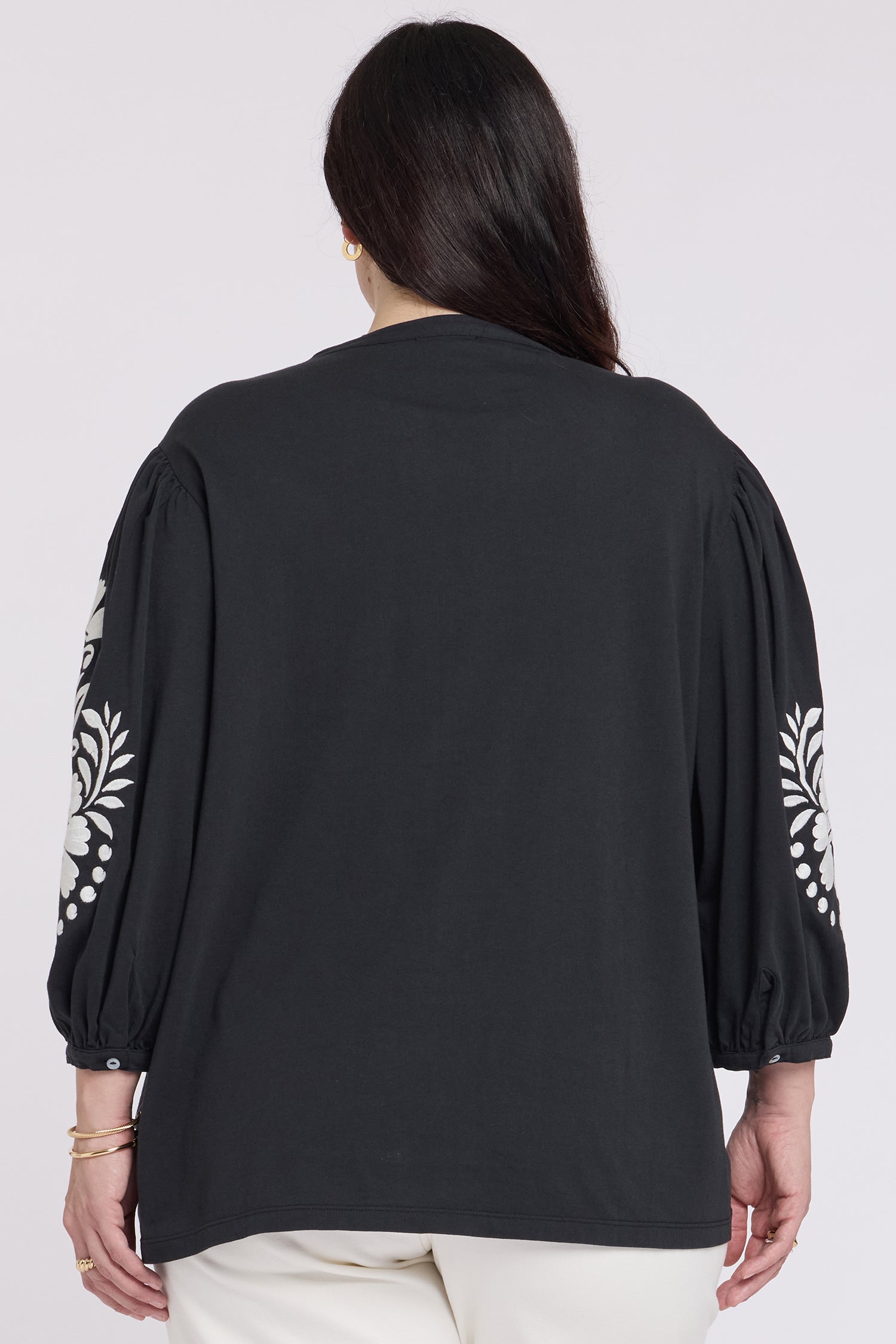 NYDJ Embroidered Knit Blouse In Plus Size  - Black Ivory