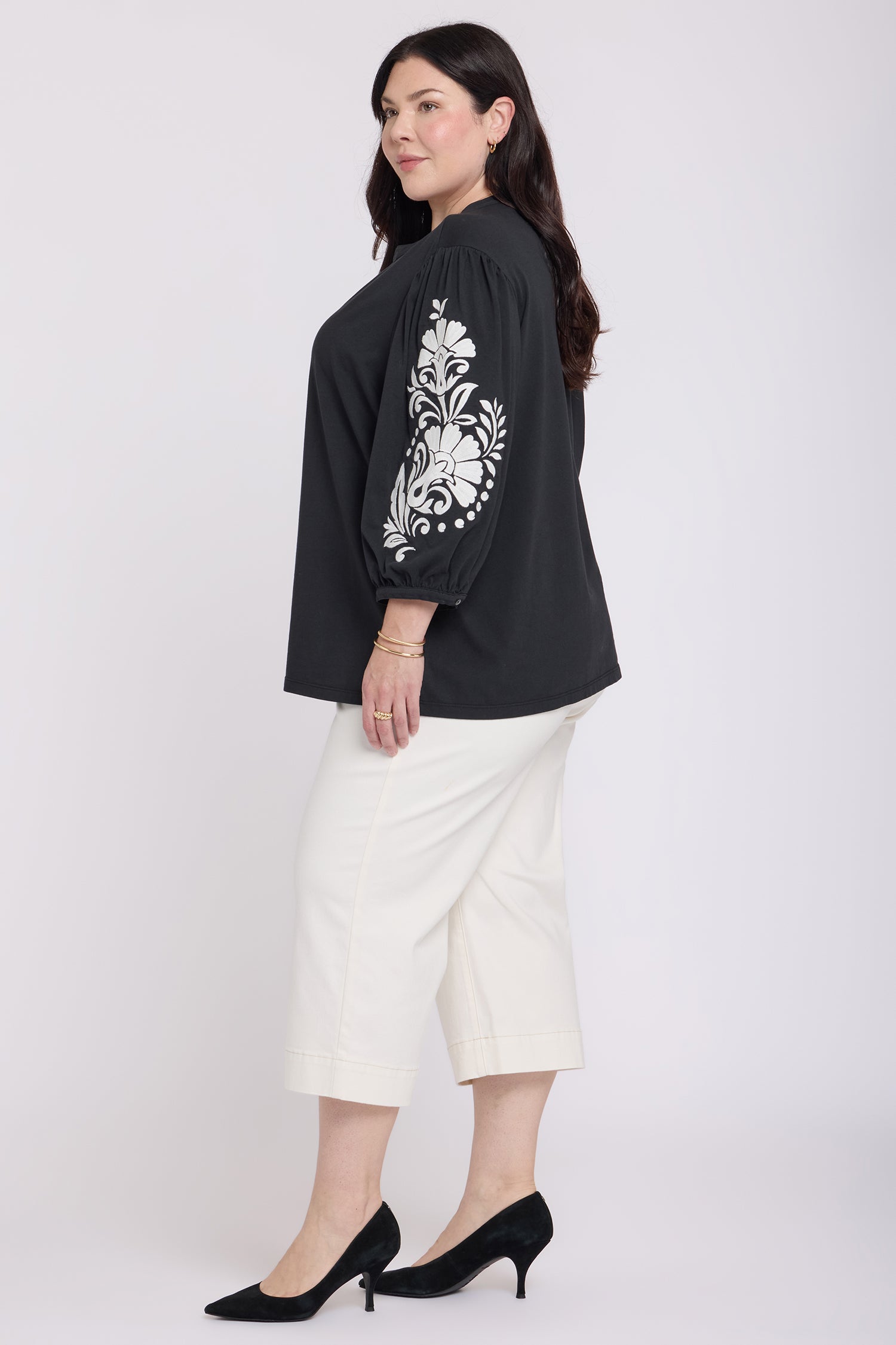 NYDJ Embroidered Knit Blouse In Plus Size  - Black Ivory