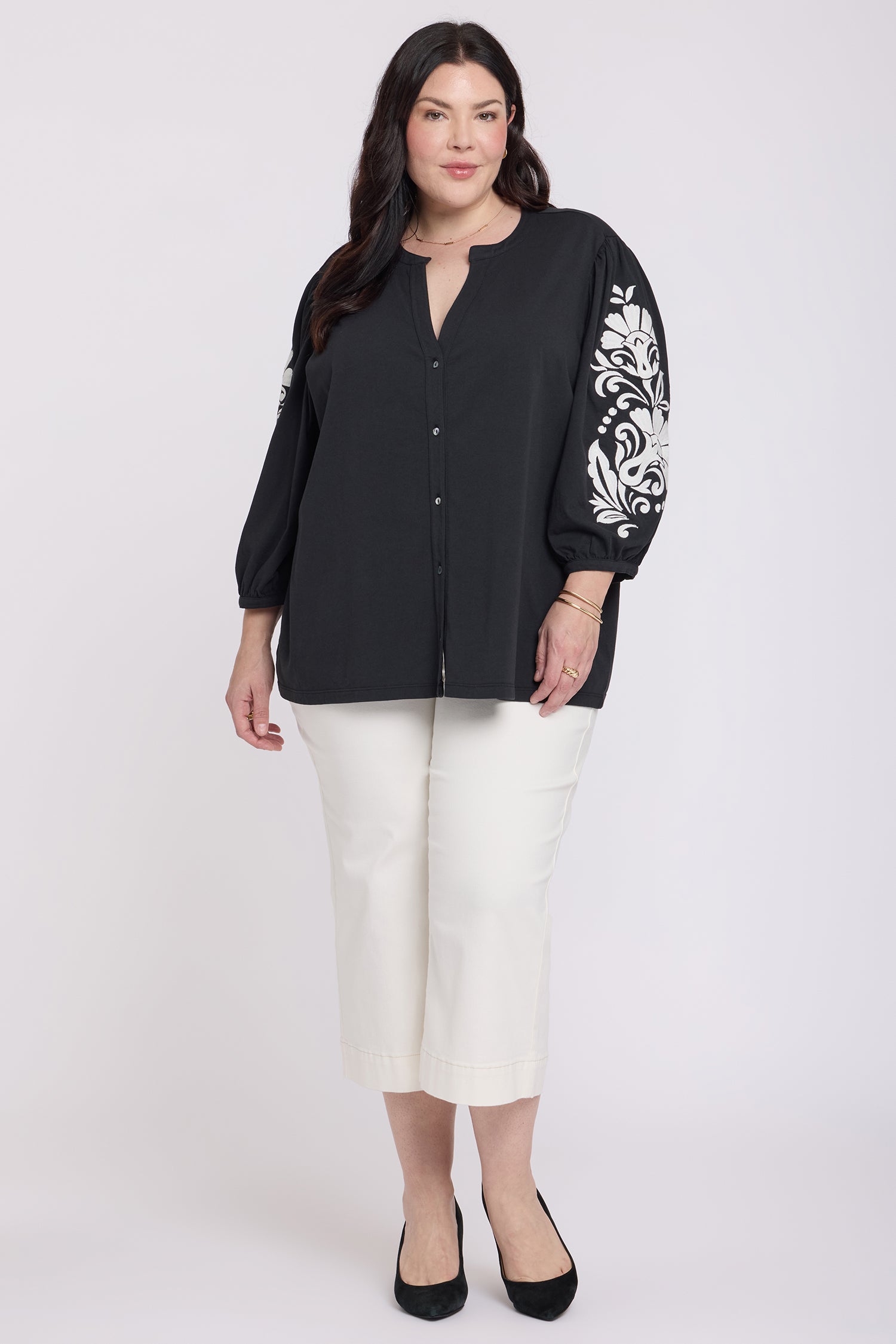 NYDJ Embroidered Knit Blouse In Plus Size  - Black Ivory