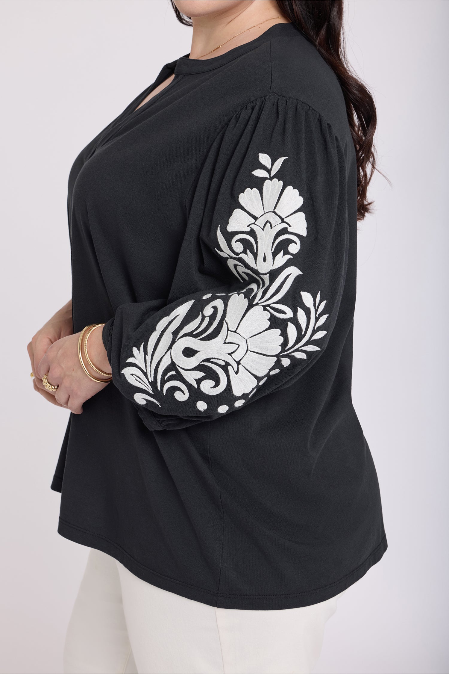 NYDJ Embroidered Knit Blouse In Plus Size  - Black Ivory