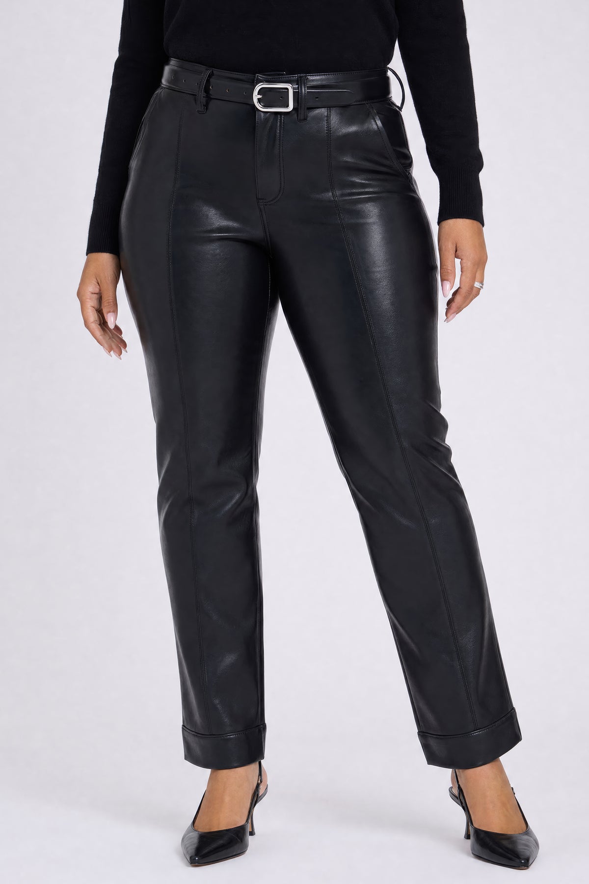 NYDJ Vegan Leather Marilyn Straight Pants With Band Hems In Plus Size Sculpt-Her™ Collection - Black