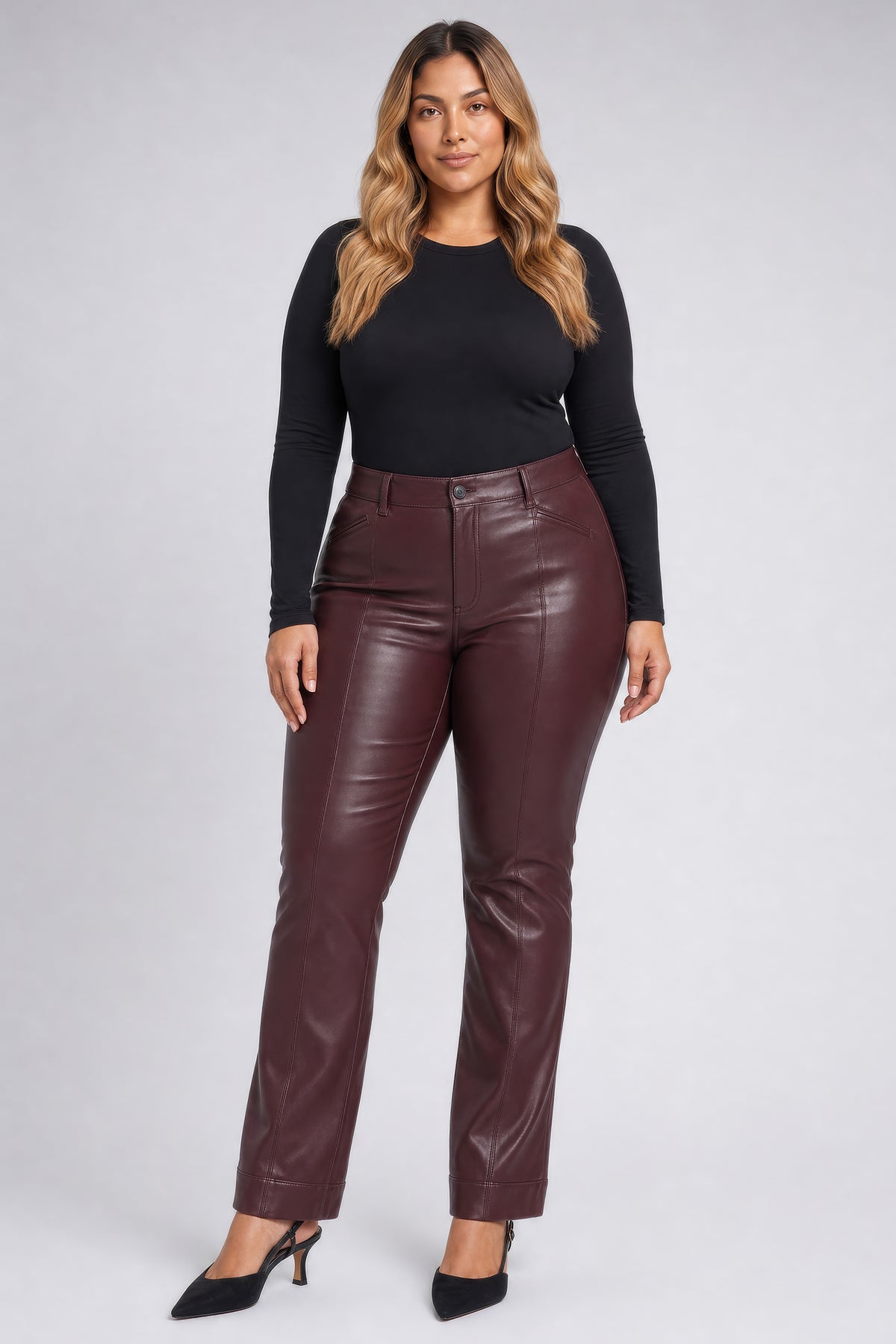 NYDJ Vegan Leather Marilyn Straight Pants With Band Hems In Plus Size Sculpt-Her™ Collection - Bitter Chocolate