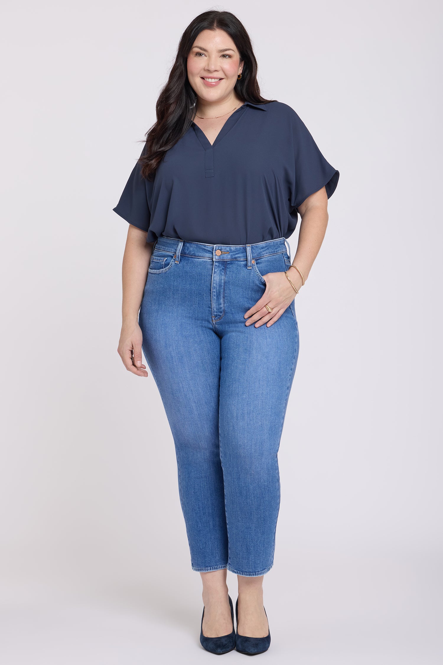 NYDJ Marilyn Straight Ankle Jeans In Plus Size With Blanket Stitching - Blue Paradise