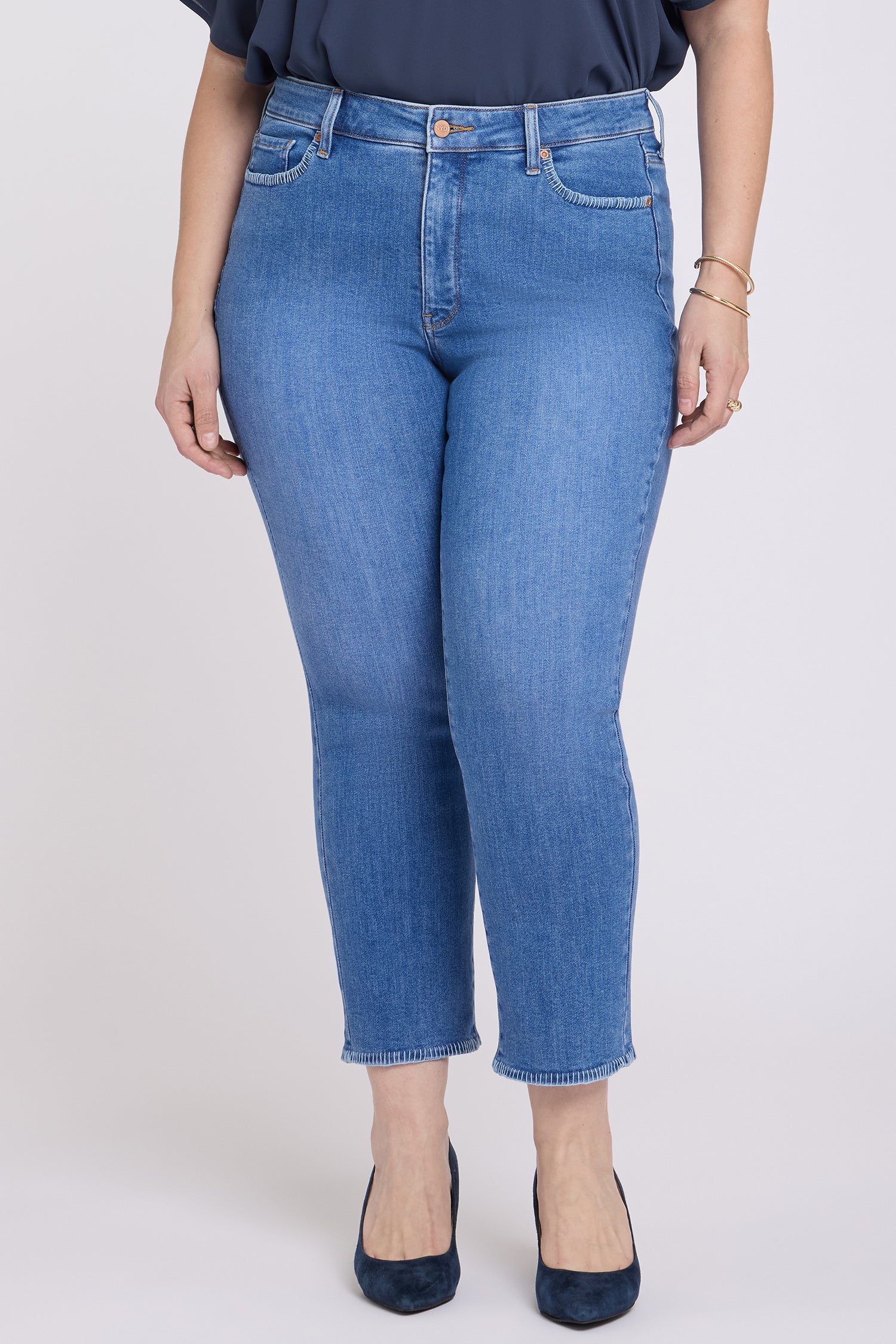 NYDJ Marilyn Straight Ankle Jeans In Plus Size With Blanket Stitching - Blue Paradise