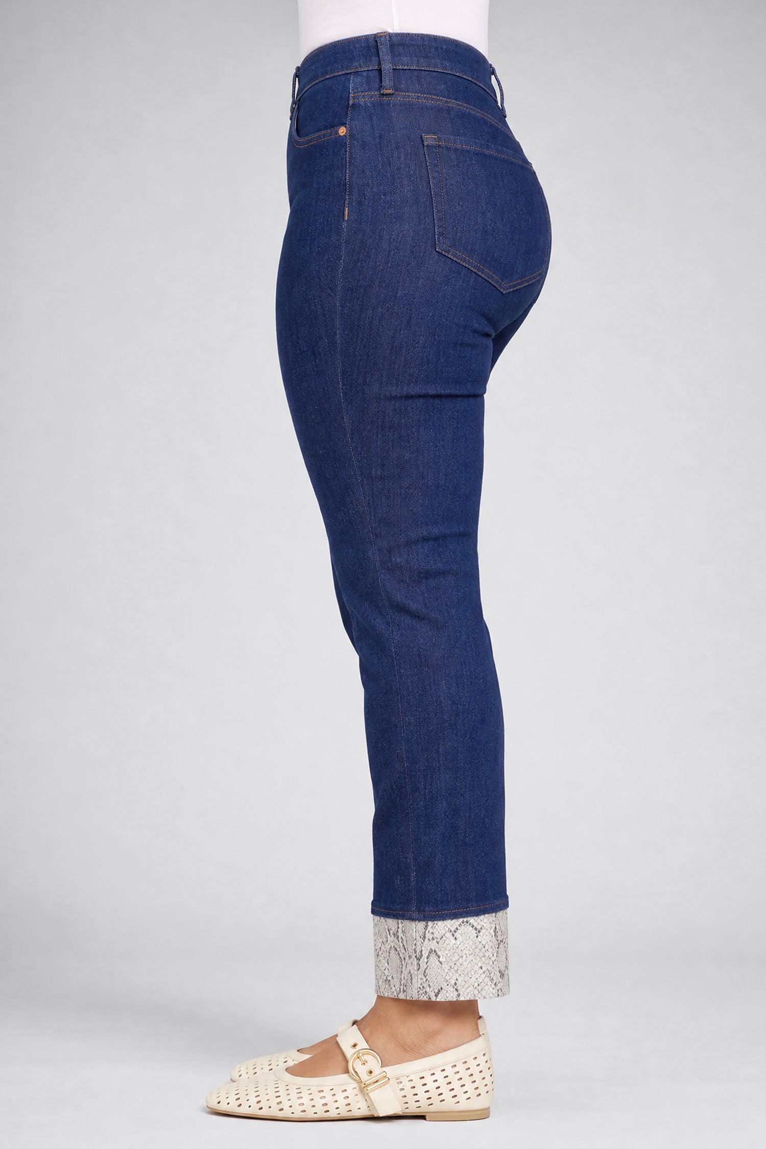 NYDJ Marilyn Straight Jeans In Plus Size With High Rise, Python Print Cuffs and 30" Inseam - Blue Rinse