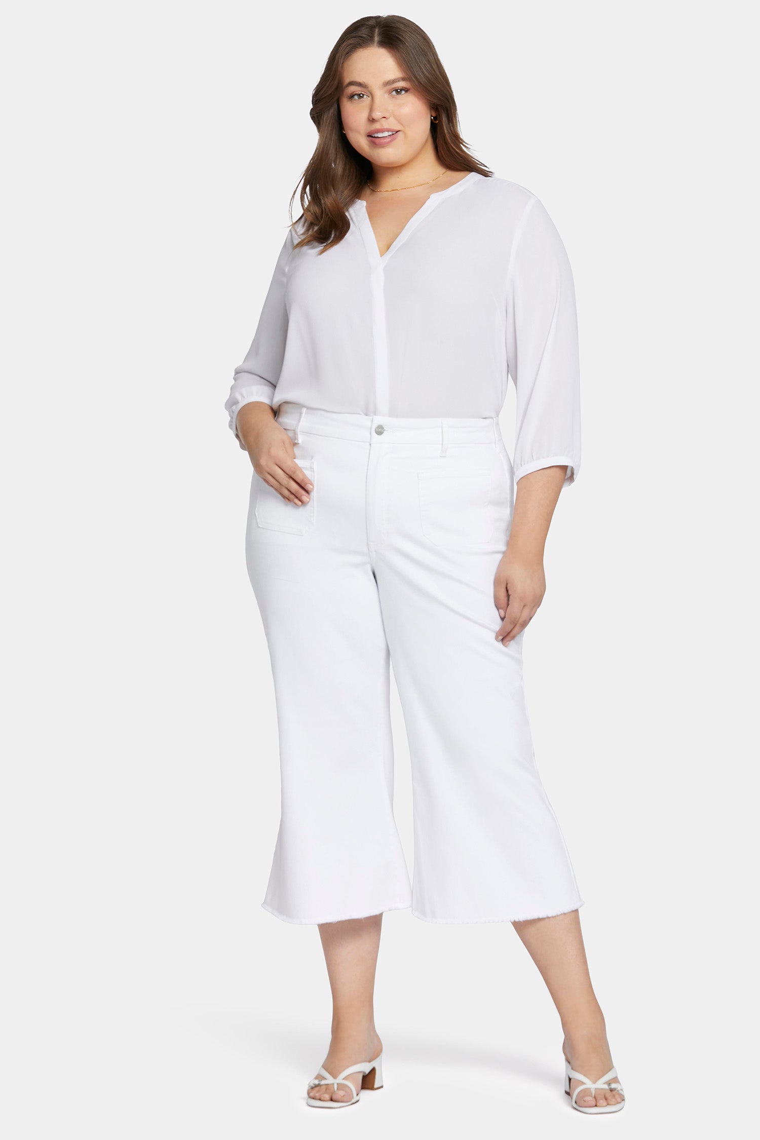 NYDJ Patchie Wide Leg Capri Jeans In Petite Plus Size With Frayed Hems - Optic White