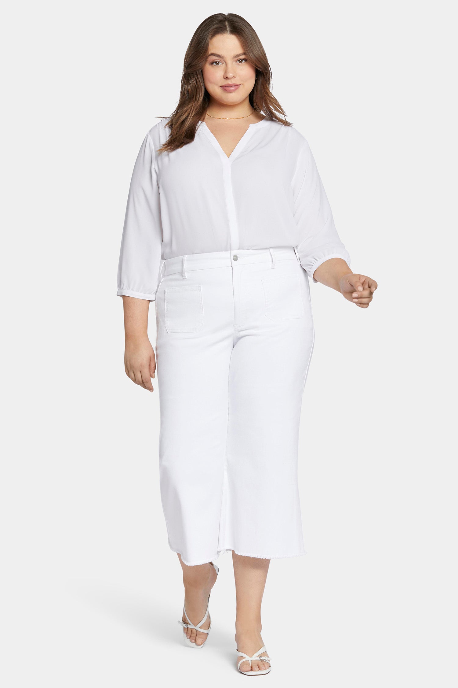 NYDJ Patchie Wide Leg Capri Jeans In Petite Plus Size With Frayed Hems - Optic White