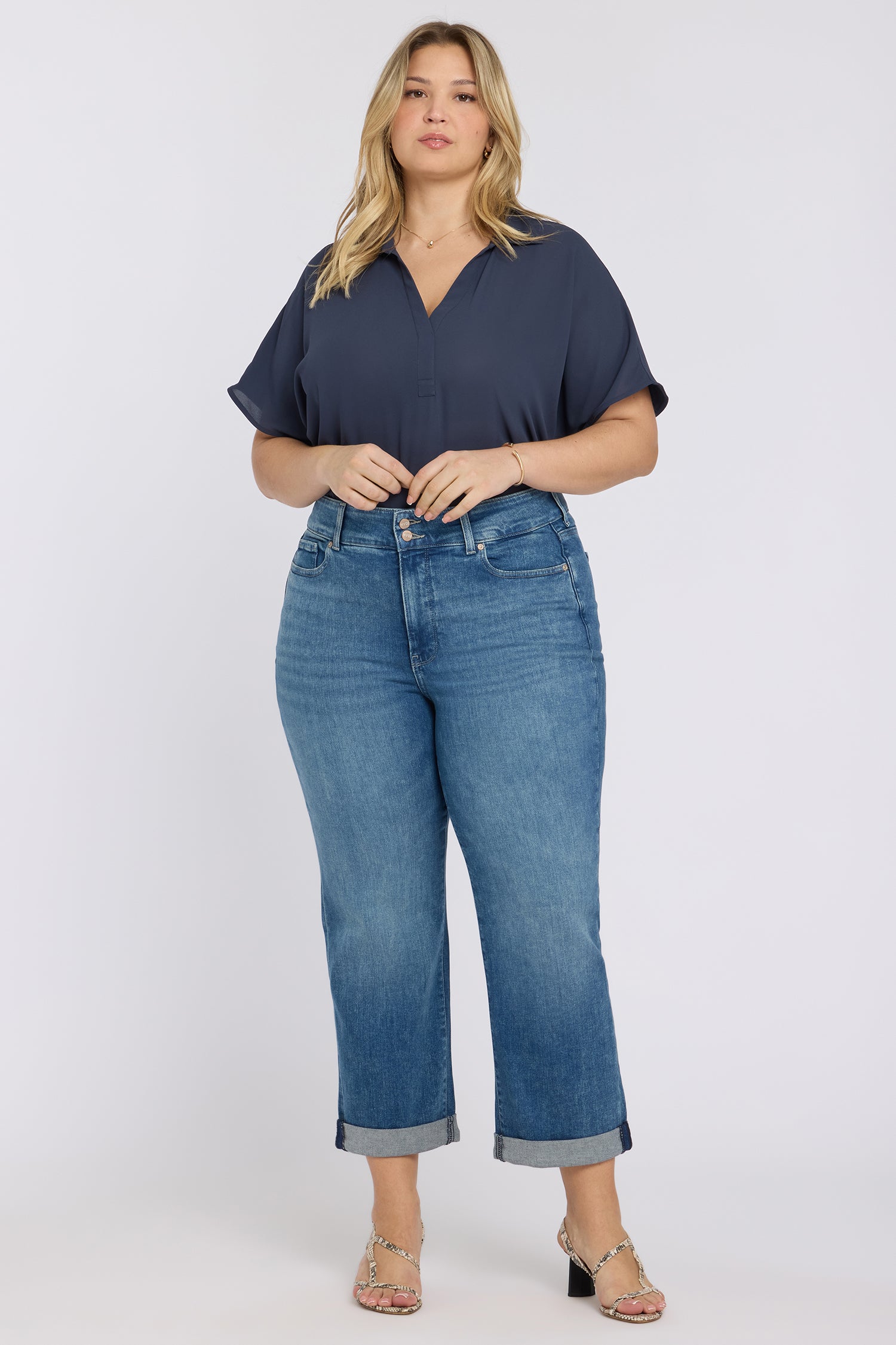NYDJ Bailey Relaxed Straight Crop Jeans In Plus Size In Re-New™ Denim With High Rise And Roll Cuffs - Breezy Palms