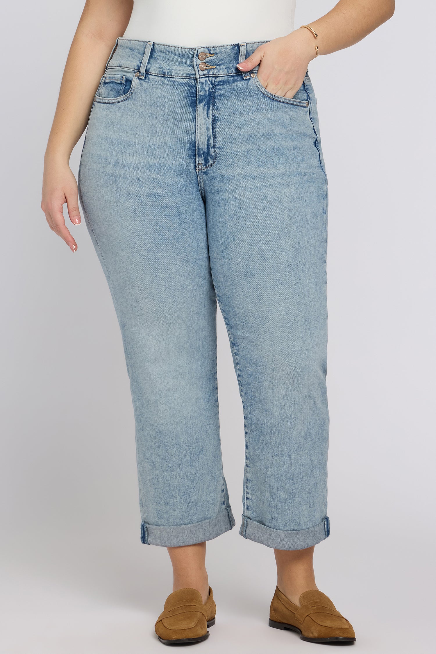 NYDJ Bailey Relaxed Straight Crop Jeans In Plus Size In Re-New™ Denim With High Rise And Roll Cuffs - Keys View